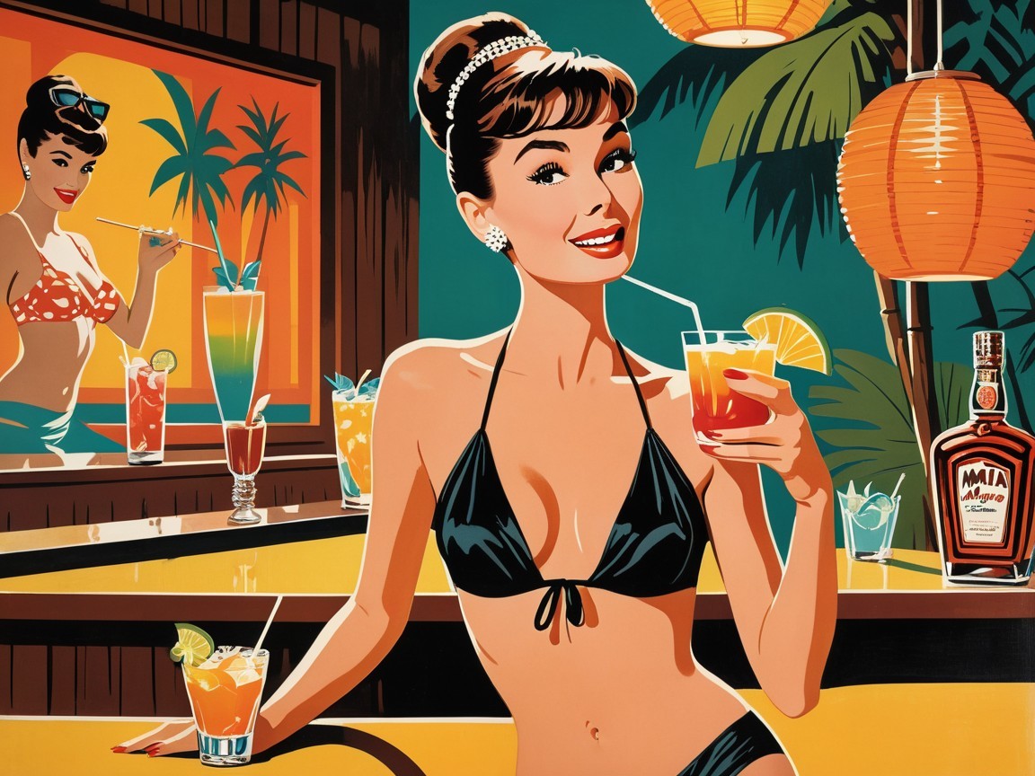 Vibrant Retro Illustration of Glamorous Woman at Sunset