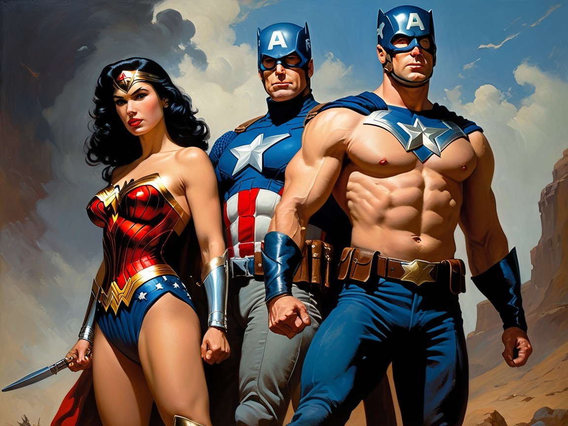 Superhero Trio in Heroic Pose Against Dramatic Landscape