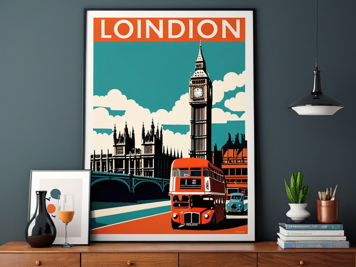 Vintage London Poster with Big Ben and Double-Decker Bus
