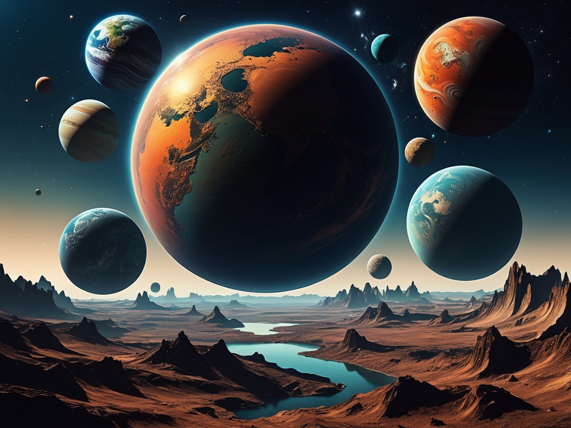 Surreal Landscape with Planets and Starry Sky