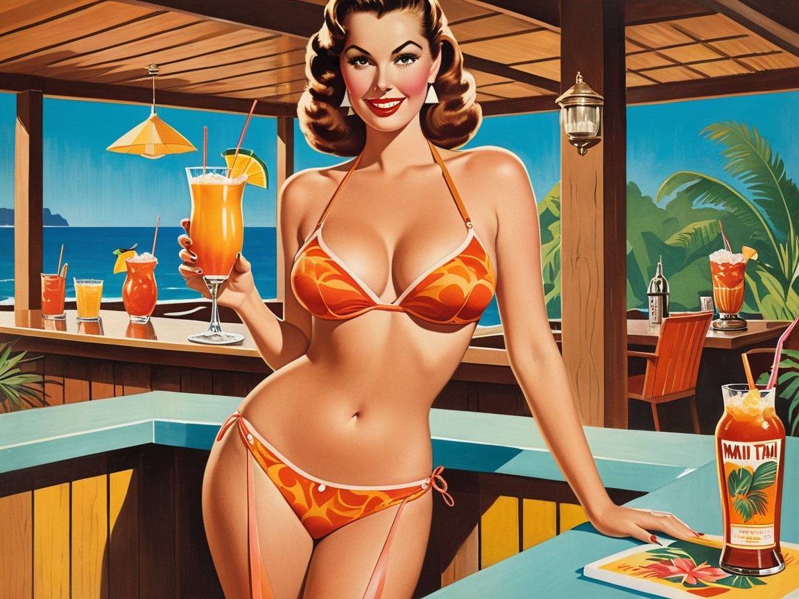 Glamorous Woman in Orange Bikini at Tropical Bar