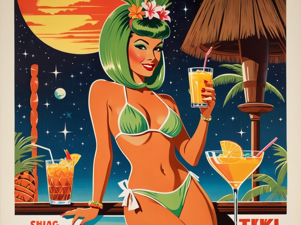 Vibrant Tiki Scene with Stylish Woman and Tropical Elements