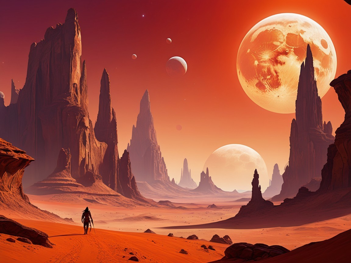 Lone Figure in Alien Desert Landscape with Moons