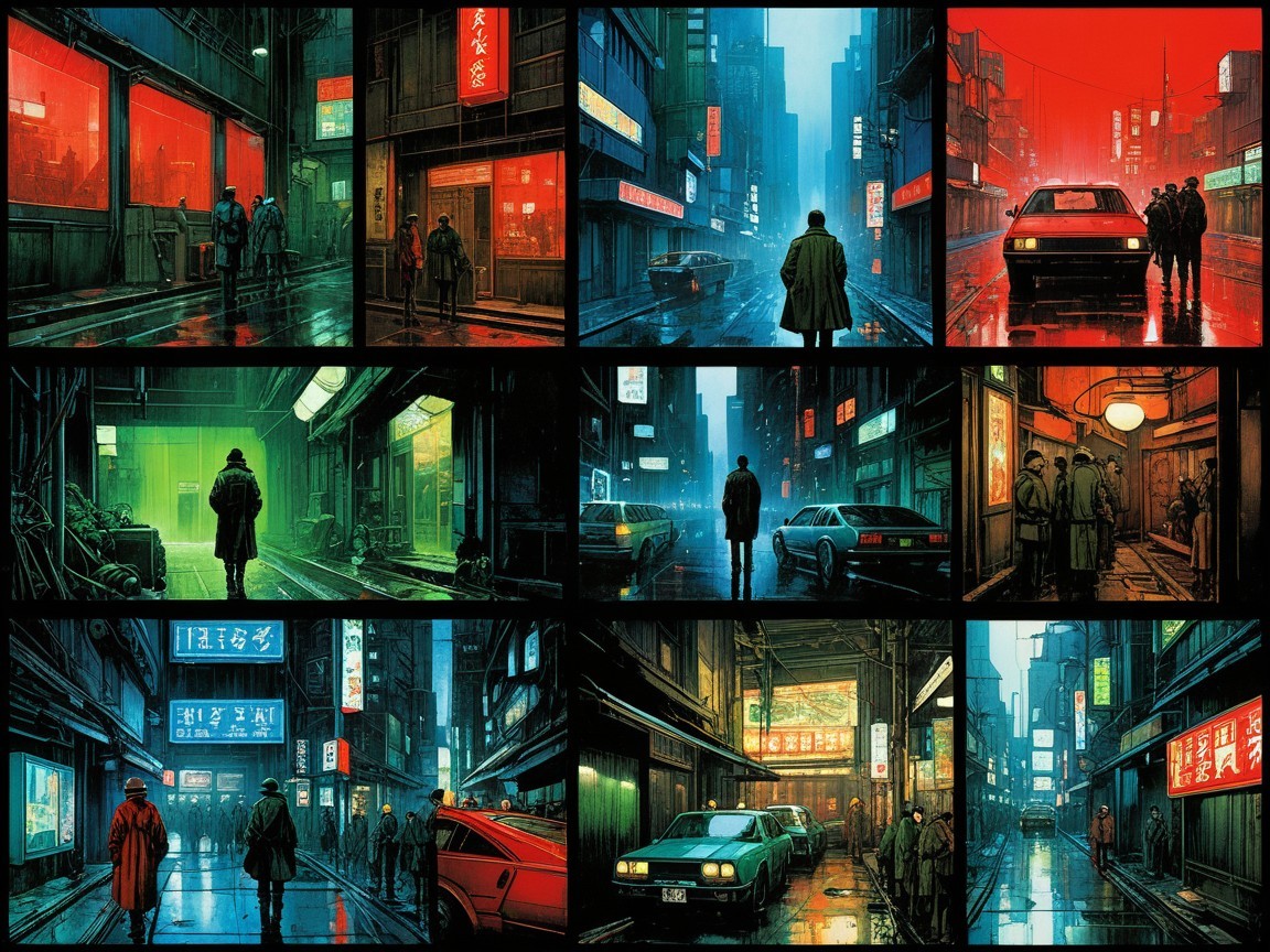 Collage of Nine Cyberpunk City Street Scenes at Night
