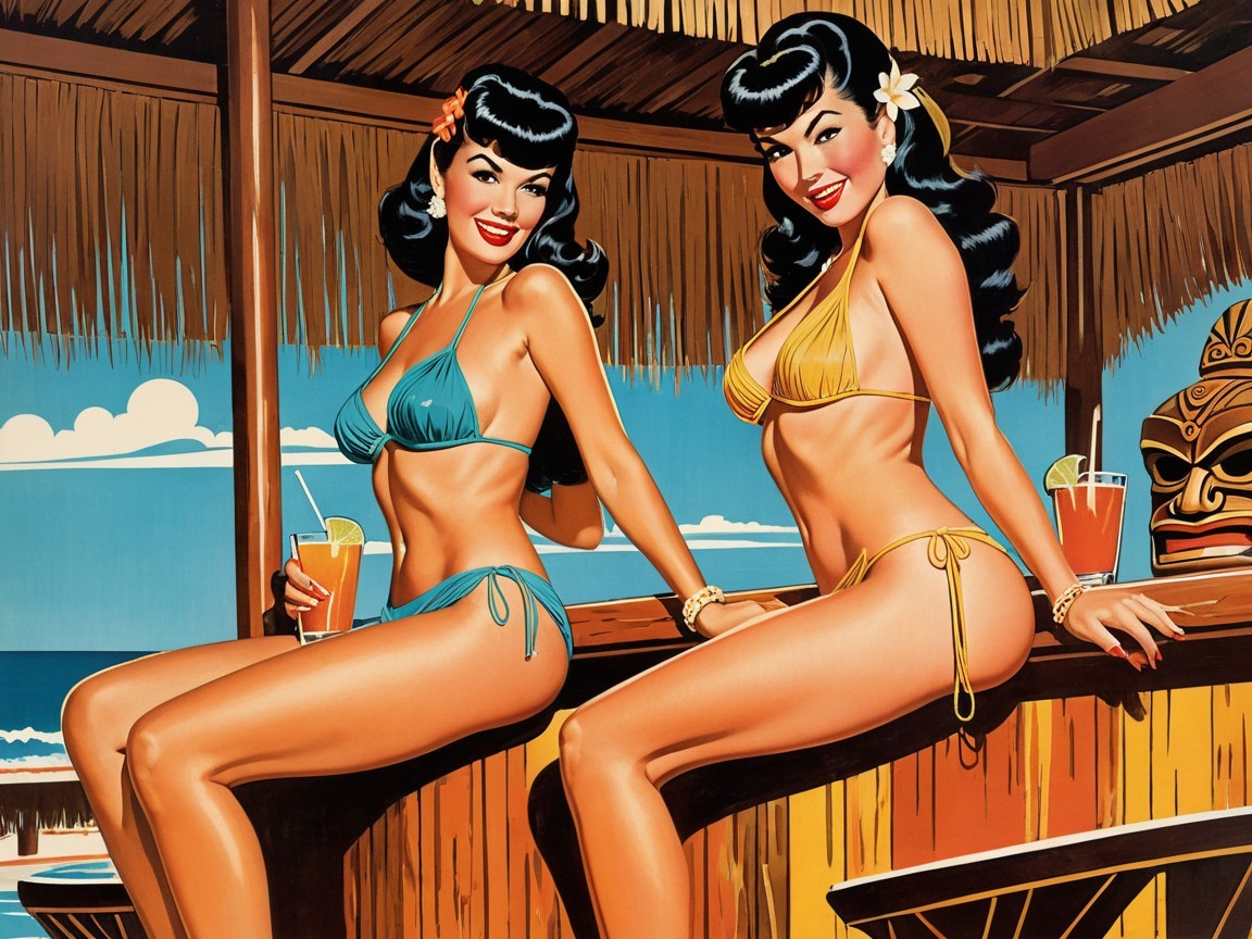 Glamorous Women in Bikinis at Tropical Bar Scene