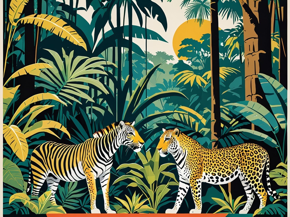 Vibrant Jungle Scene with Tiger and Leopard at Sunset