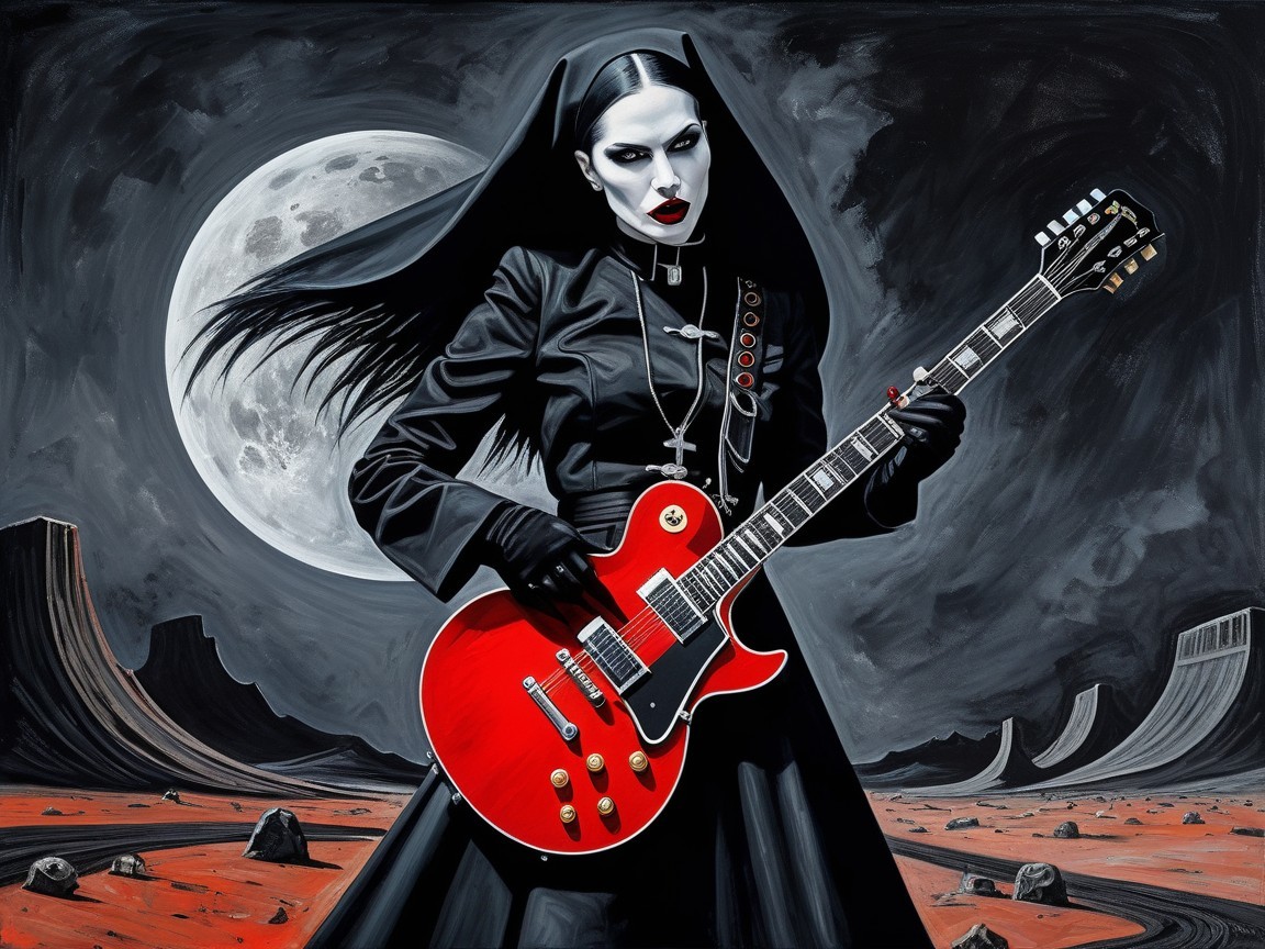 Female vampire nun with guitar in dark landscape