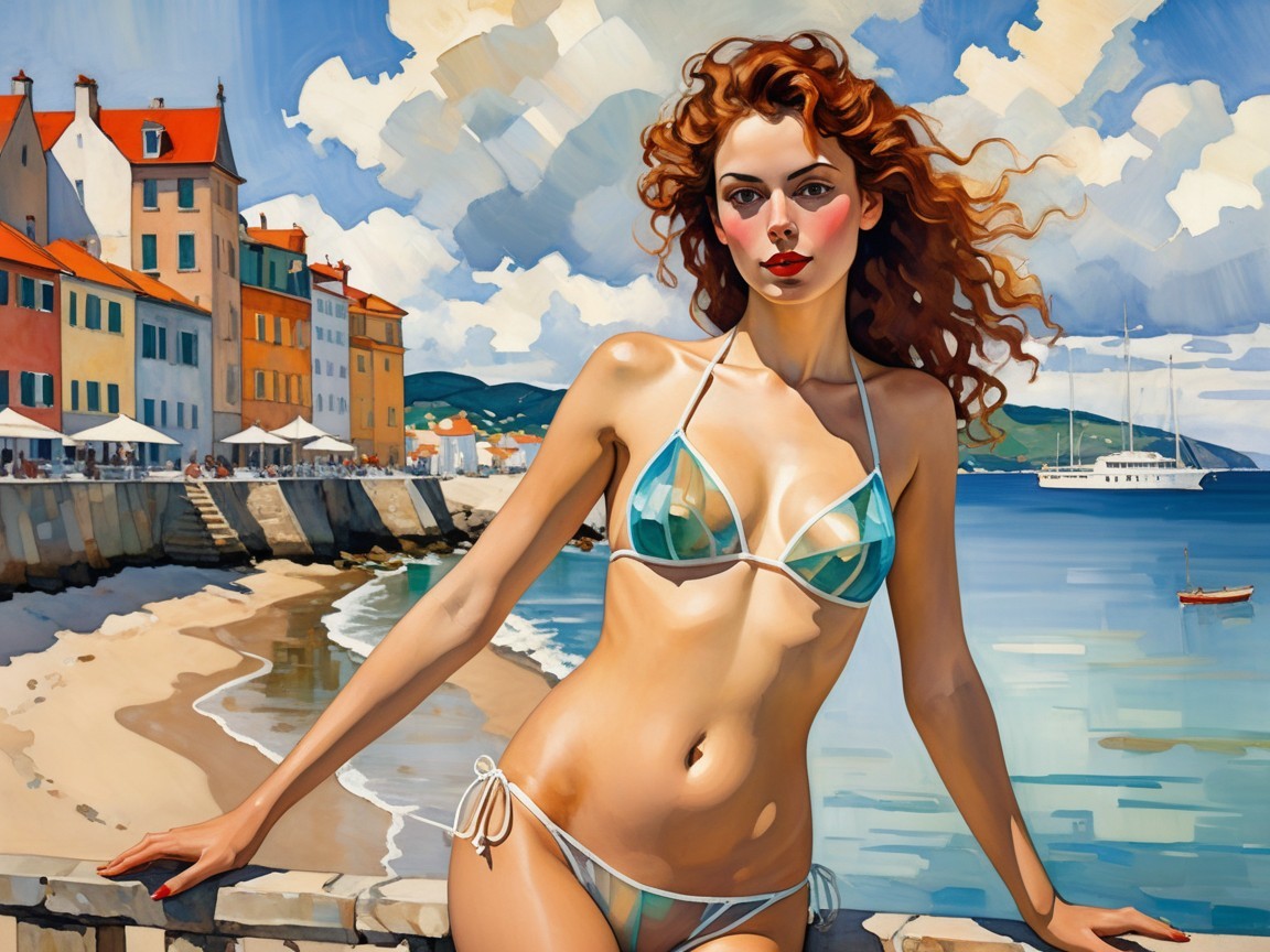 Vibrant Beach Scene with Young Woman in Bikini