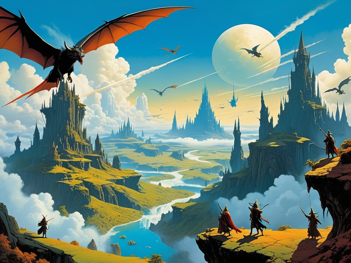 Fantastical Landscape with Dragons and Majestic Moon