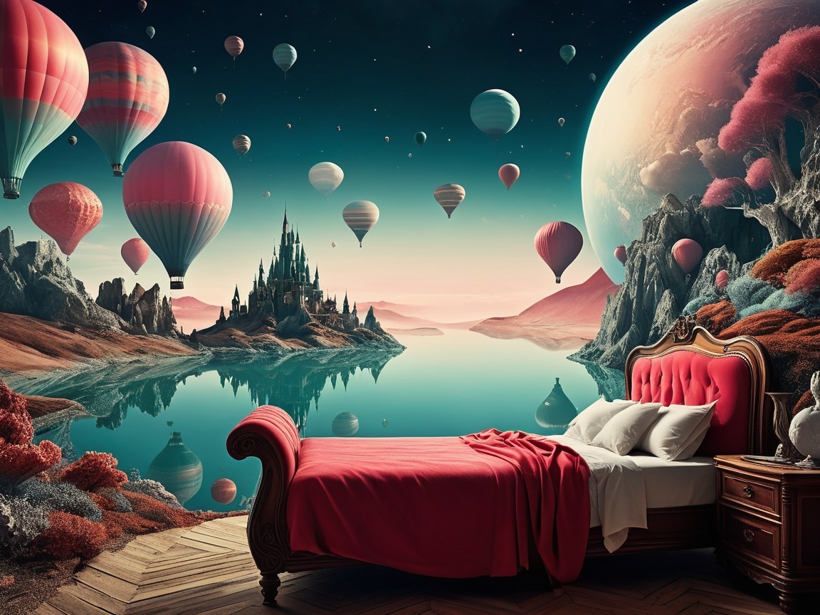 Surreal Landscape with Bed, Balloons, and Celestial Body