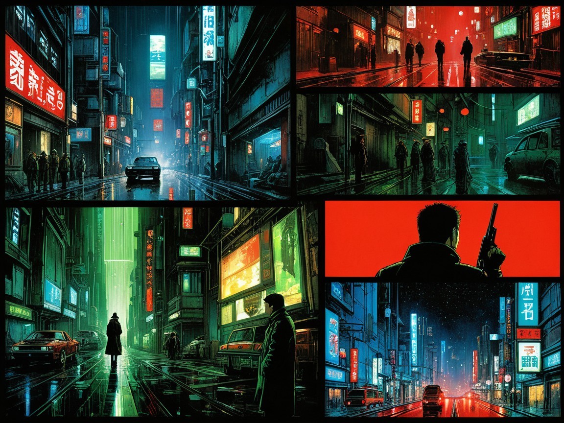 Futuristic Neo-Noir City in Comic Book Panels