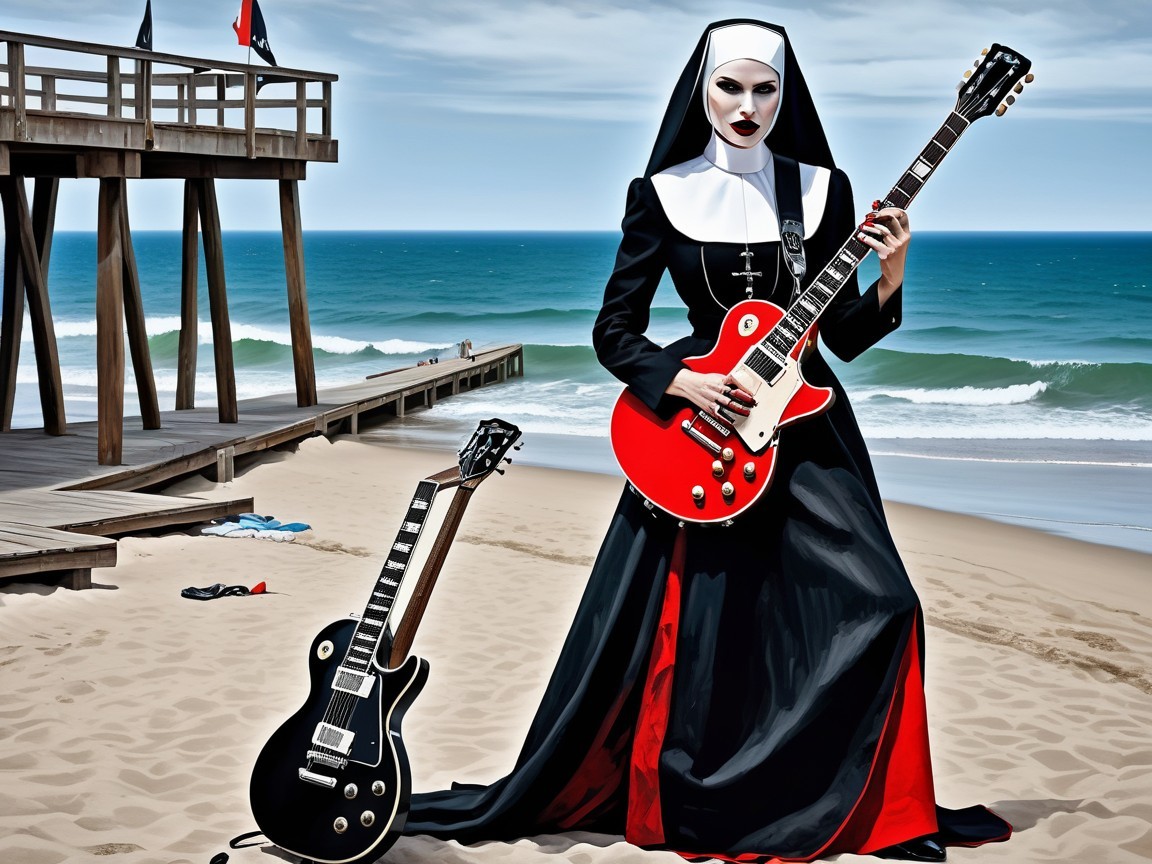 Nun in Habit Playing Guitar on Sandy Beach