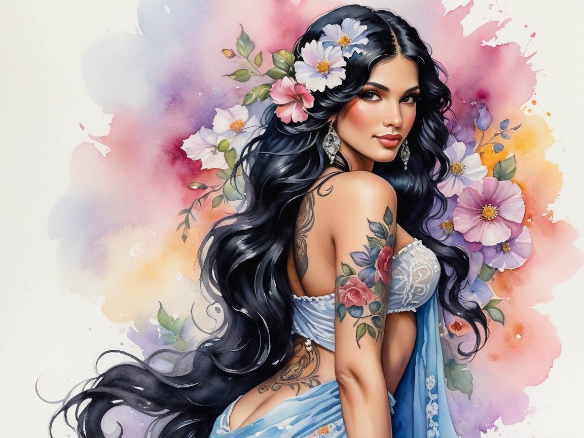 Elegant Woman with Floral Tattoos in Watercolor Scene