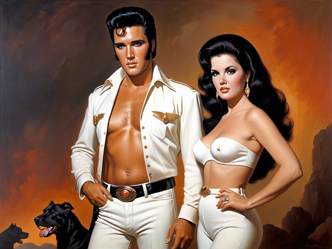Stylized portrayal of a man and woman in white outfits