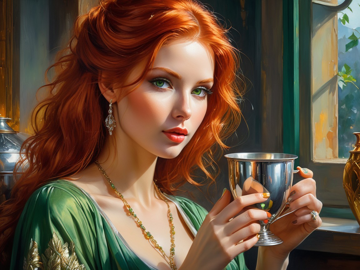 Elegant Woman in Green Dress with Red Hair and Cup