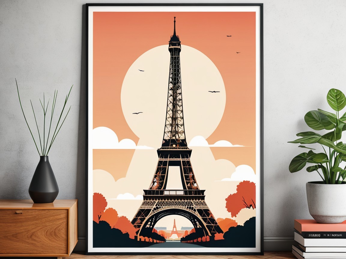 Stylized Eiffel Tower with Orange Backdrop and Silhouettes