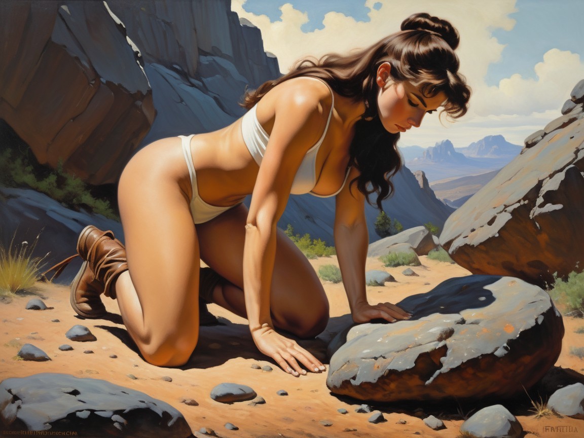 Muscular Woman in Bikini on Rocky Desert Terrain