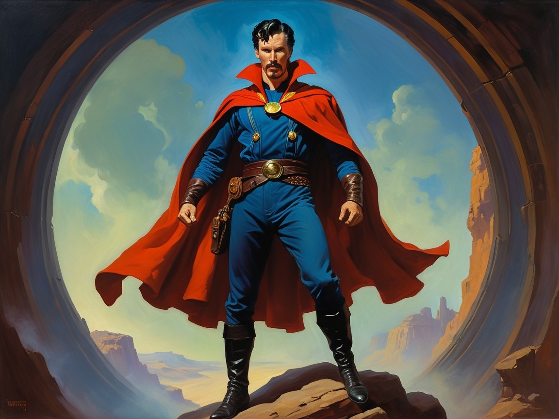Heroic figure in blue with red cape in surreal landscape