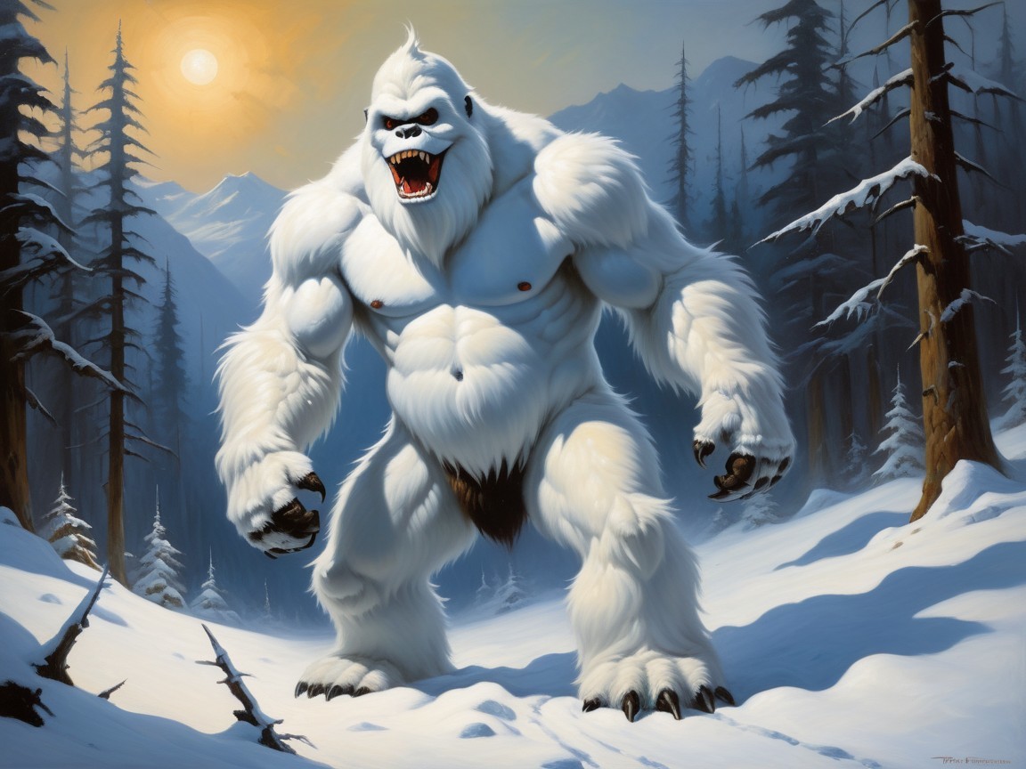 Fierce Yeti in Snowy Landscape at Sunset