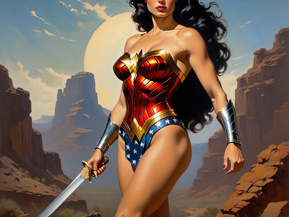 Superheroine in Desert with Sword at Sunset