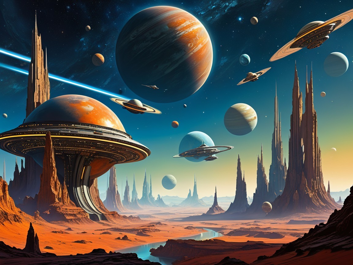 Extraterrestrial Landscape with Rock Formations and Planets