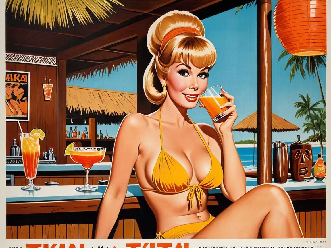 Retro Illustration of Woman at Tropical Bar