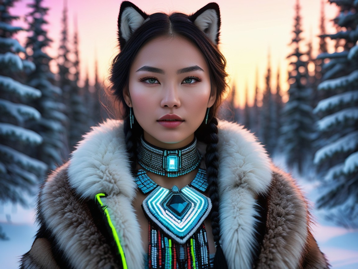 Young Woman in Traditional Attire in Winter Landscape