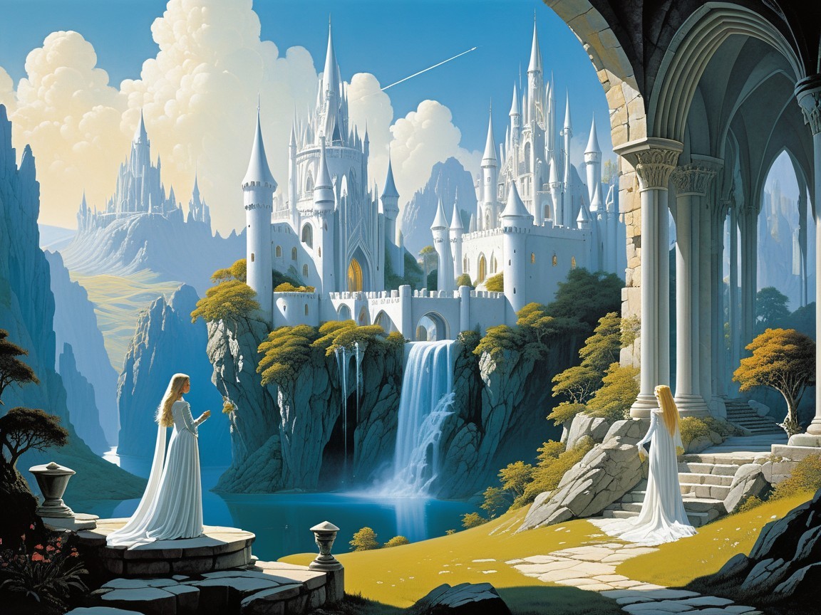Fantasy Landscape with Ethereal Figures and Castles