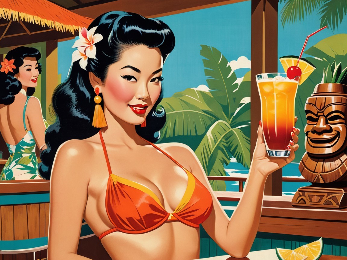 Retro Summer Scene with Woman in Orange Bikini