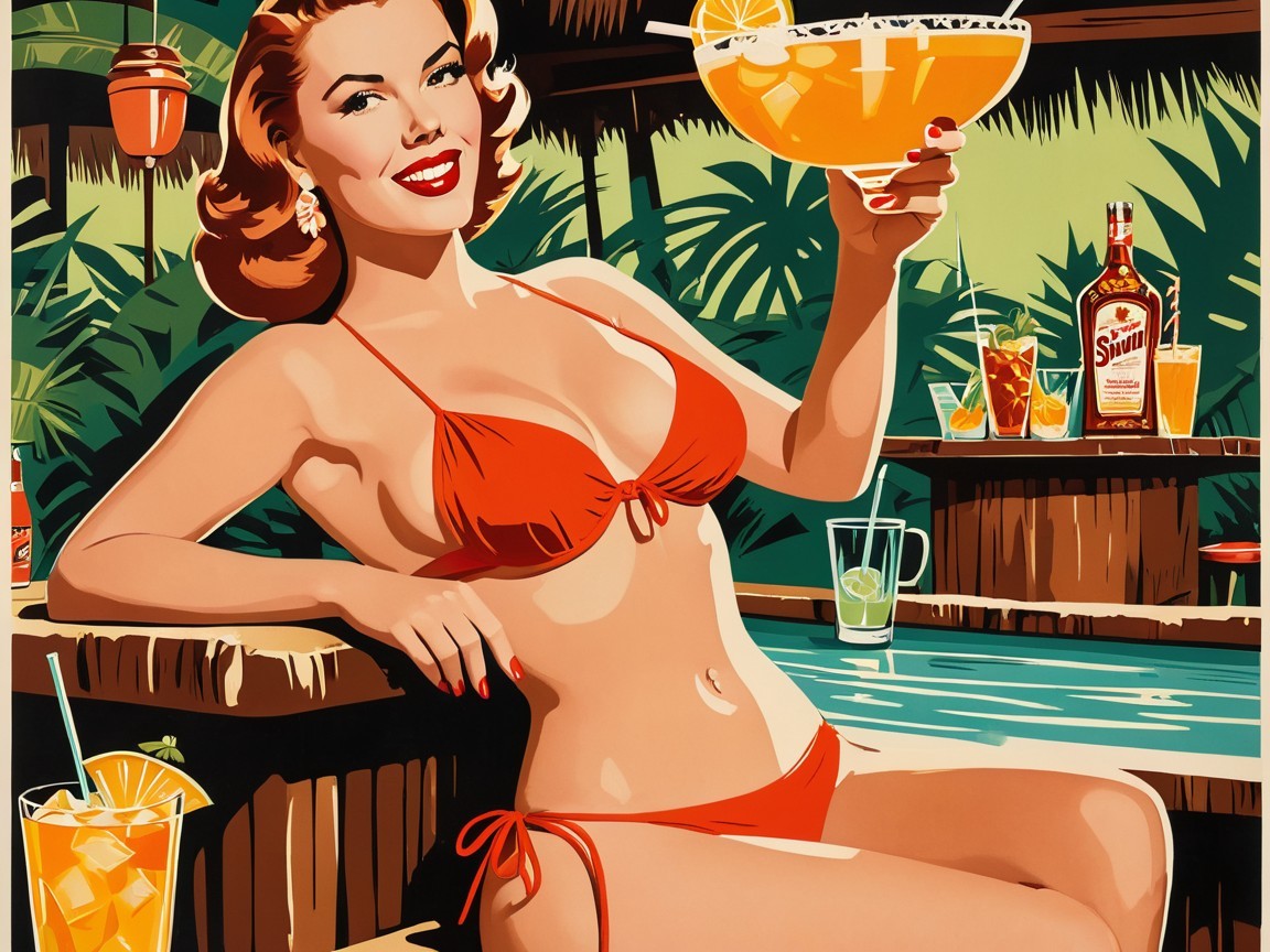 Vibrant Retro Illustration of Woman by Tropical Pool
