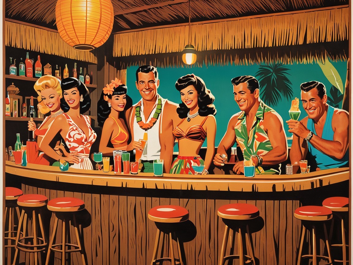 Mid-20th Century Tiki Bar Scene with Tropical Drinks