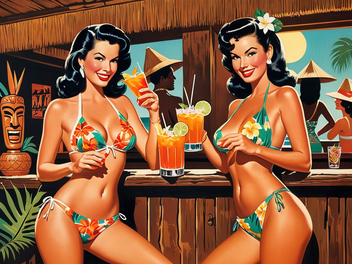 Two Women in Floral Bikinis at Tiki Bar Sunset Scene