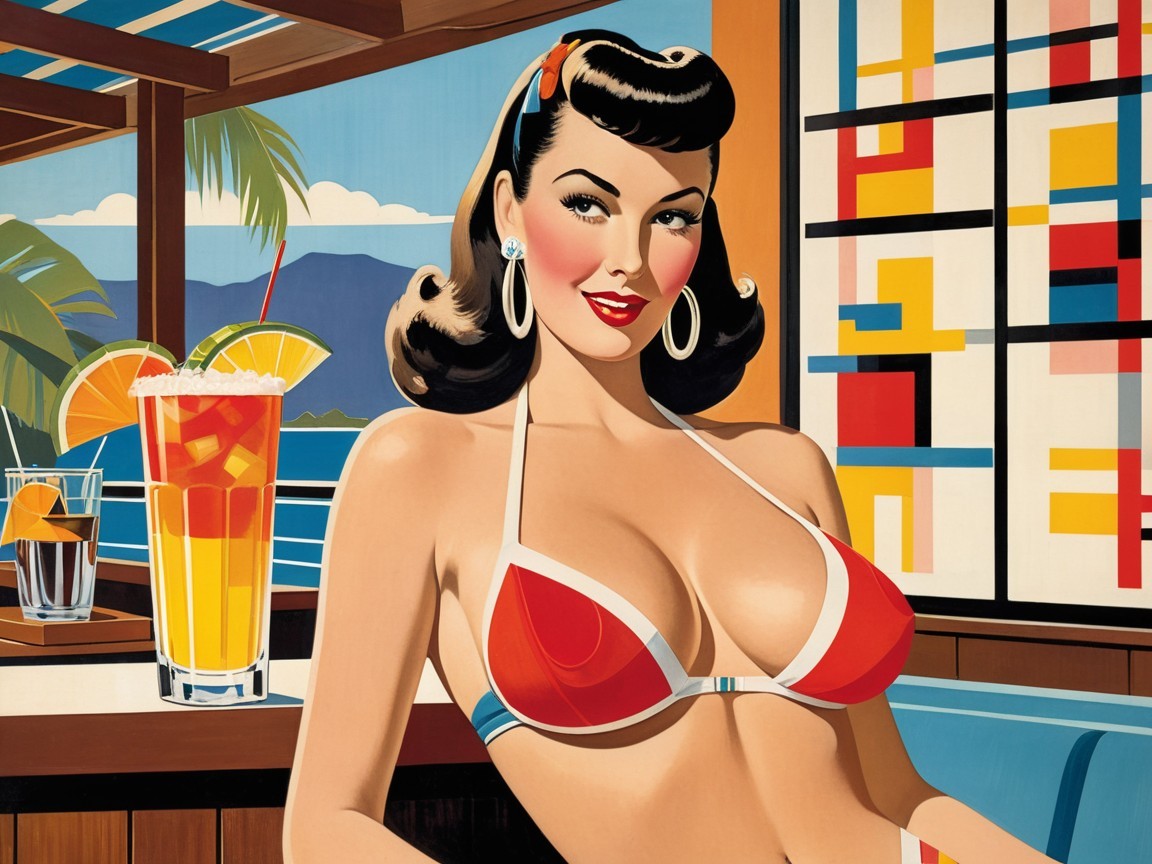 Vibrant Retro Illustration of Woman in Tropical Setting