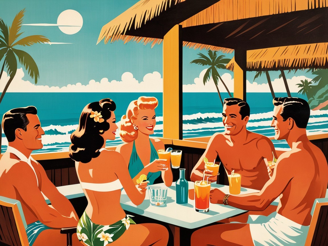 Vibrant Retro Scene of Friends at Beachfront Bar