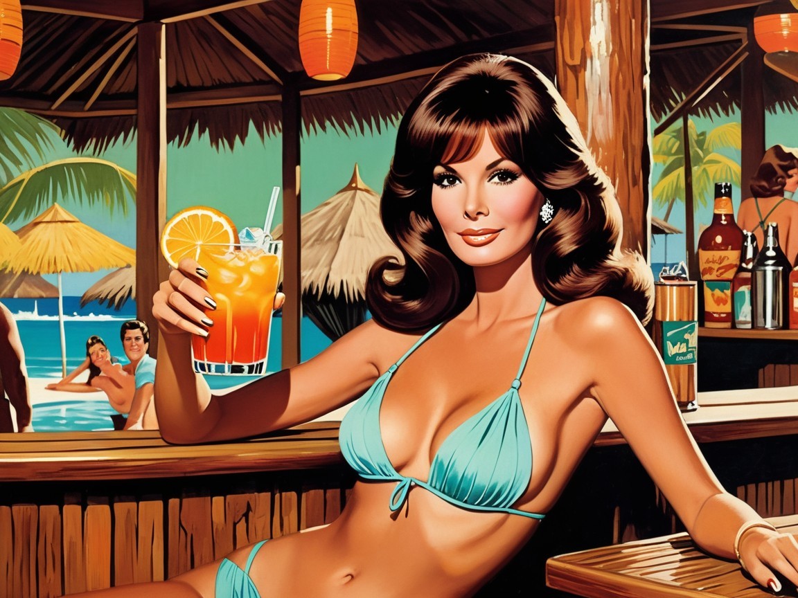 Glamorous Woman in Turquoise Bikini at Beach Bar