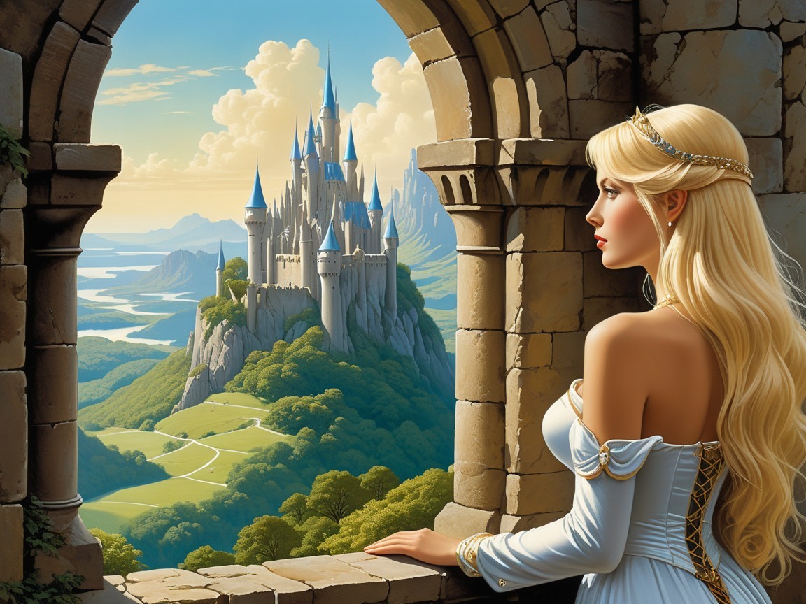 Regal Woman in White Gown by Castle Landscape