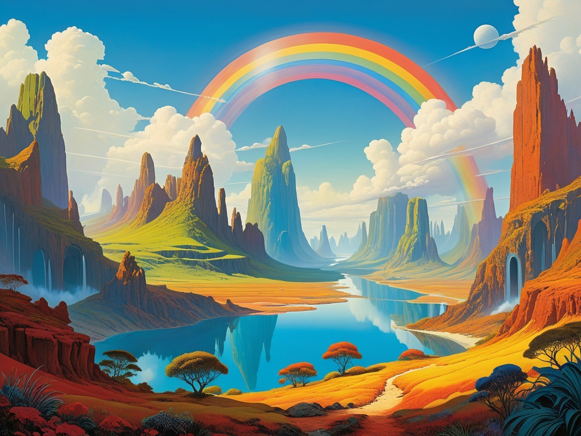 Vibrant Surreal Landscape with Colorful Rock Formations