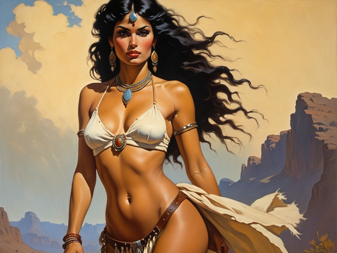 Elegant figure in desert with flowing hair and jewelry
