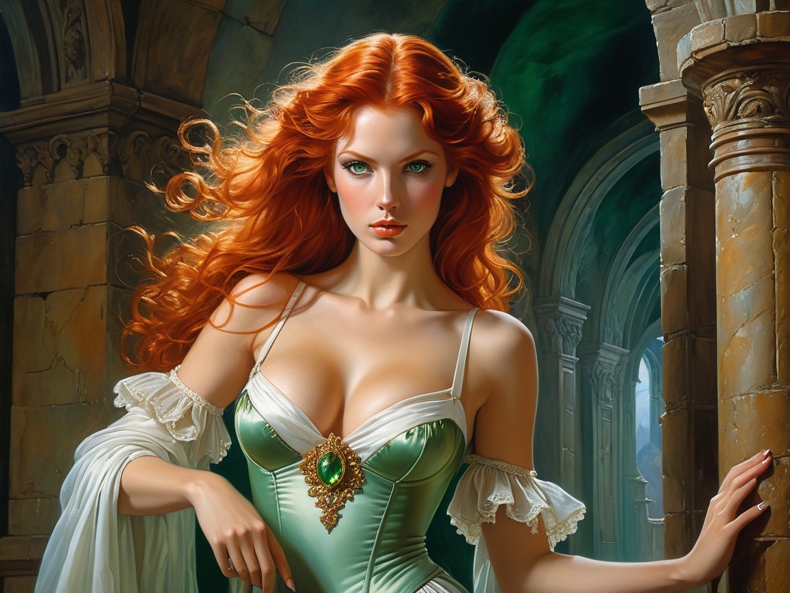 Elegant Female Figure in Green Gown with Red Hair