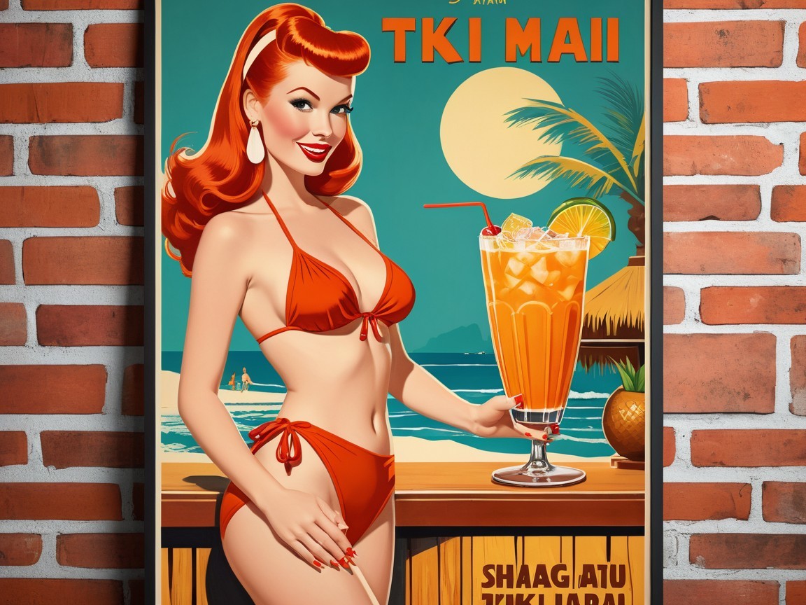 Vintage Illustration of Glamorous Woman at Tiki Bar