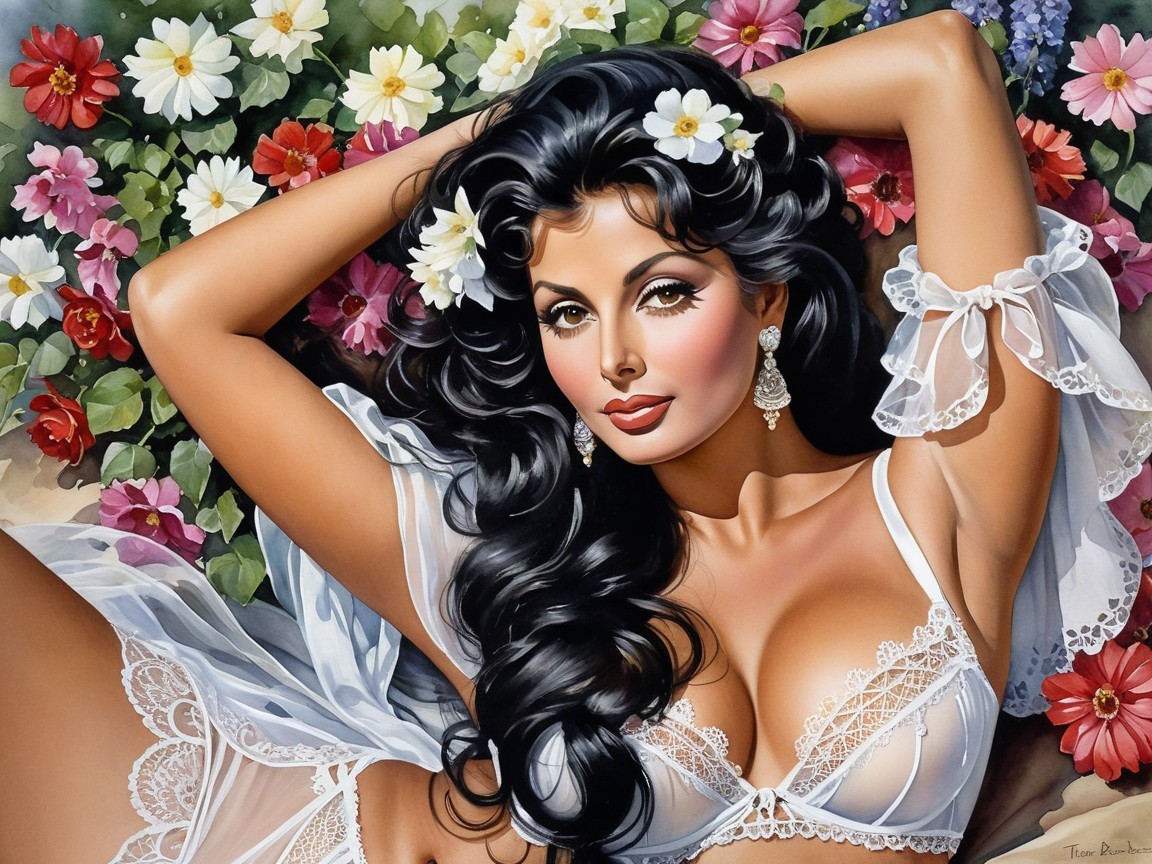 Glamorous Woman Surrounded by Vibrant Flowers