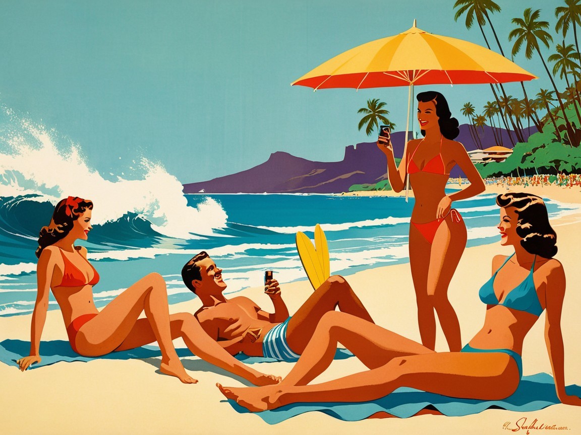 Retro Beach Scene with Individuals Relaxing and Chatting