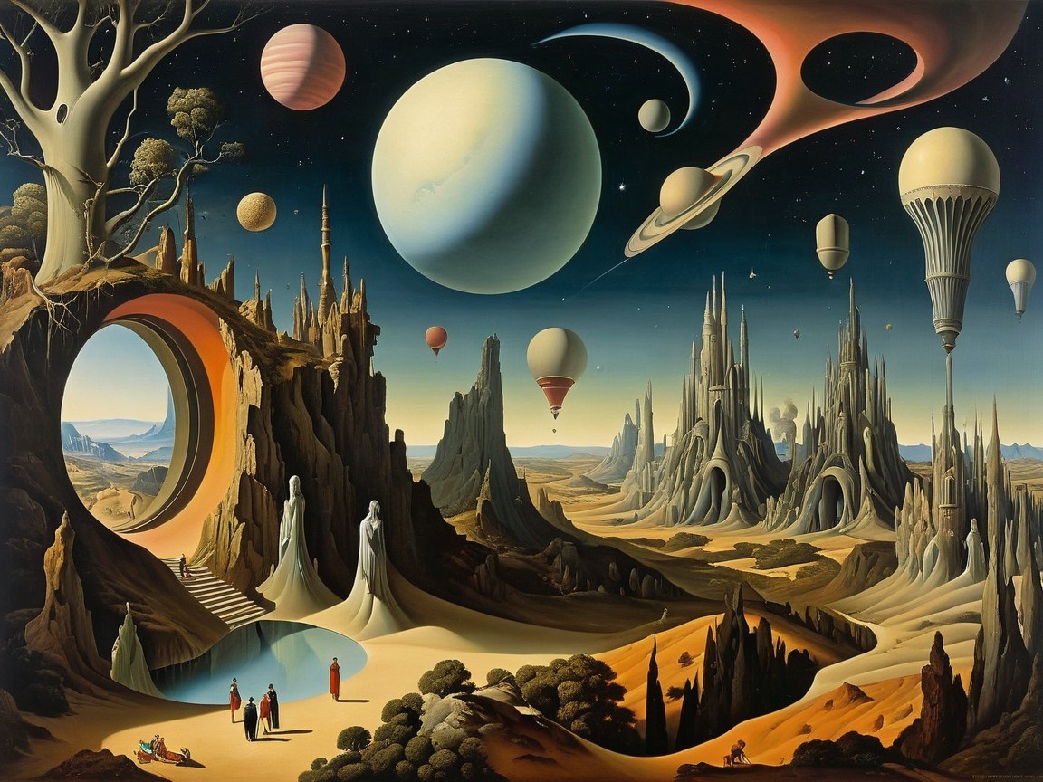 Surreal Landscape with Celestial Anomalies and Balloons