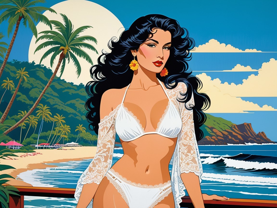 Glamorous Woman in Bikini at Tropical Beach Scene