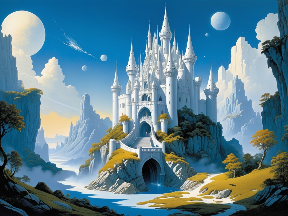 Majestic castle on cliffs with vibrant trees and river