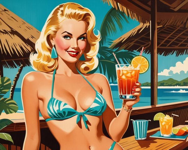 Retro Illustration of Woman at Tropical Bar