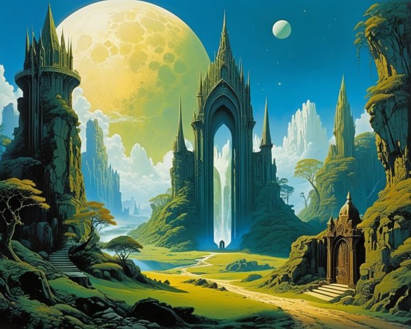 Mystical Landscape with Gothic Spires and Moonlight