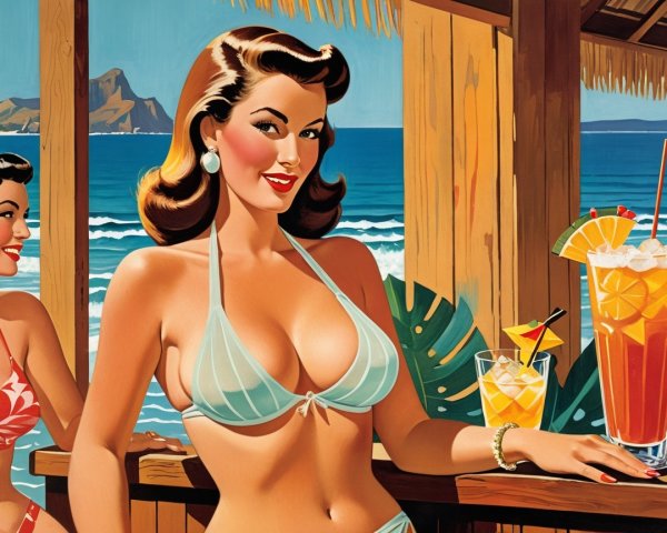Vintage Beach Scene with Women and Cocktails