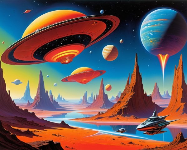 Cosmic Landscape with Colorful Planets and Rock Formations