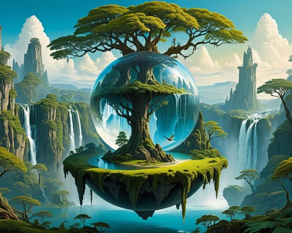 Surreal Landscape with Floating Island and Majestic Tree